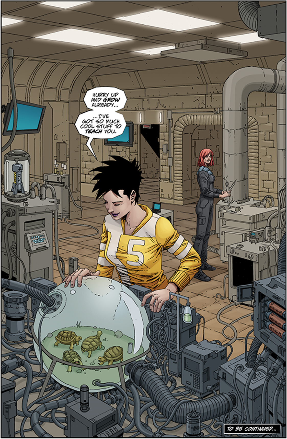 April and Casey-Marie look over a new quartet of turtle siblings in the final pages of The Last Ronin. (Image: IDW)