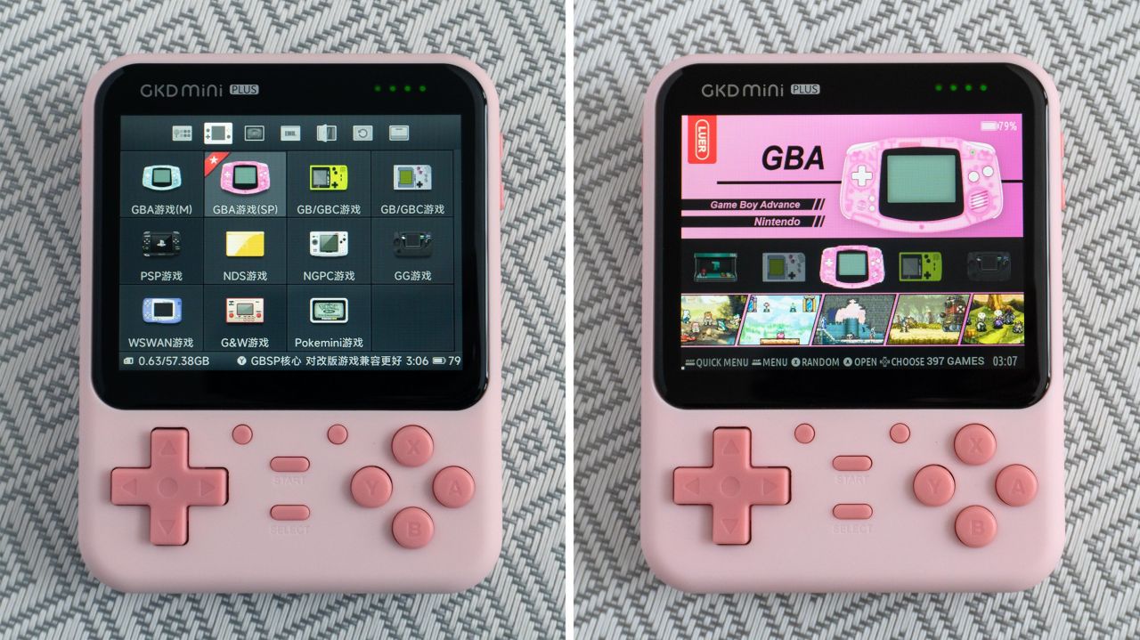 A comparison of the UI on the GKD Mini Plus' default Lovely Child frontend (left), and the alternate Emulation Station frontend (right). (Photo: Andrew Liszewski | Gizmodo)