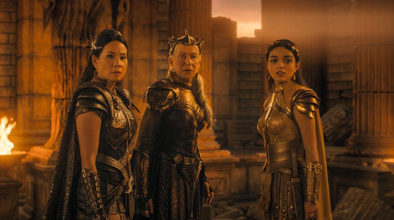 Liu, Mirren and Ziegler as the daughters of Atlas. (Image: Warner Bros.)