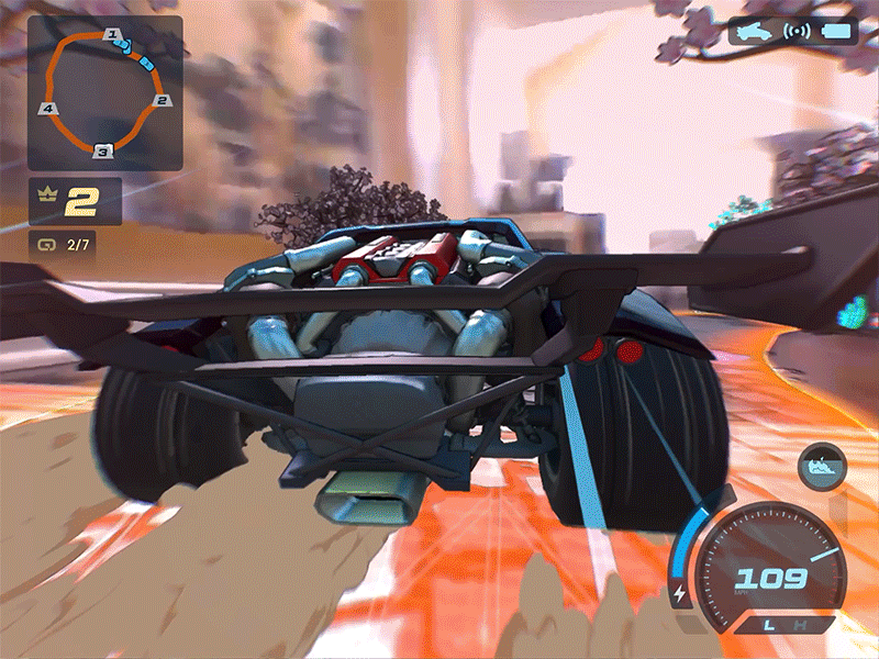 Driving the Chameleon car through the Hot Wheels: Rift Rally app (which is represented by a virtual car) feels surprisingly fast and exciting, with lots of added stunts that can be pulled off. (Gif: Andrew Liszewski | Gizmodo)