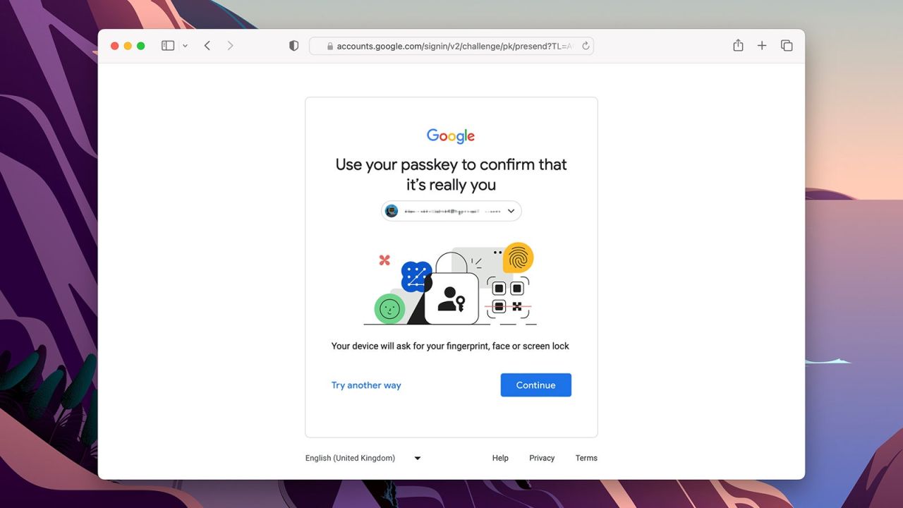 What you'll see when you try and log in with a passkey-enabled device. (Screenshot: Google)