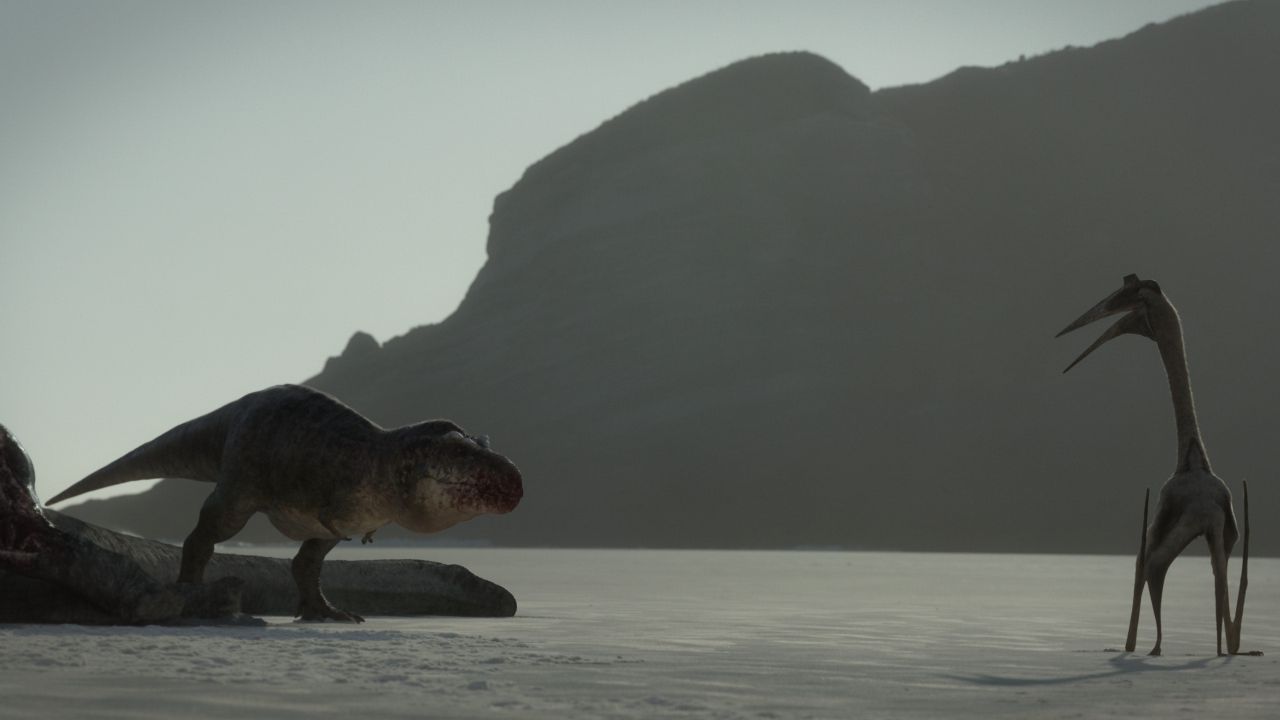 Тираннозавр рекс сразился с кецталькоатлем размером с жирафа.  (Изображение: Apple TV +)